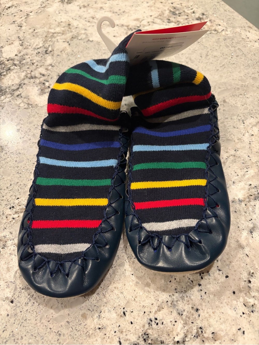 Hanna Andersson Navy Sock Moccasins with Multicolor Stripes